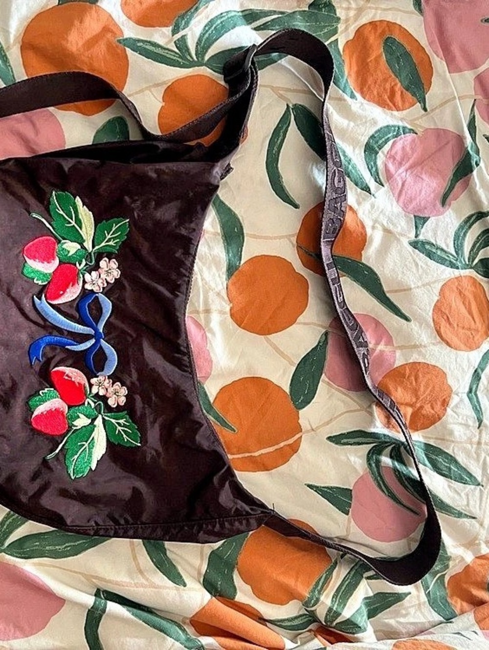 Baggu Embroidered Strawberry Crescent Bag Crossbody in Black